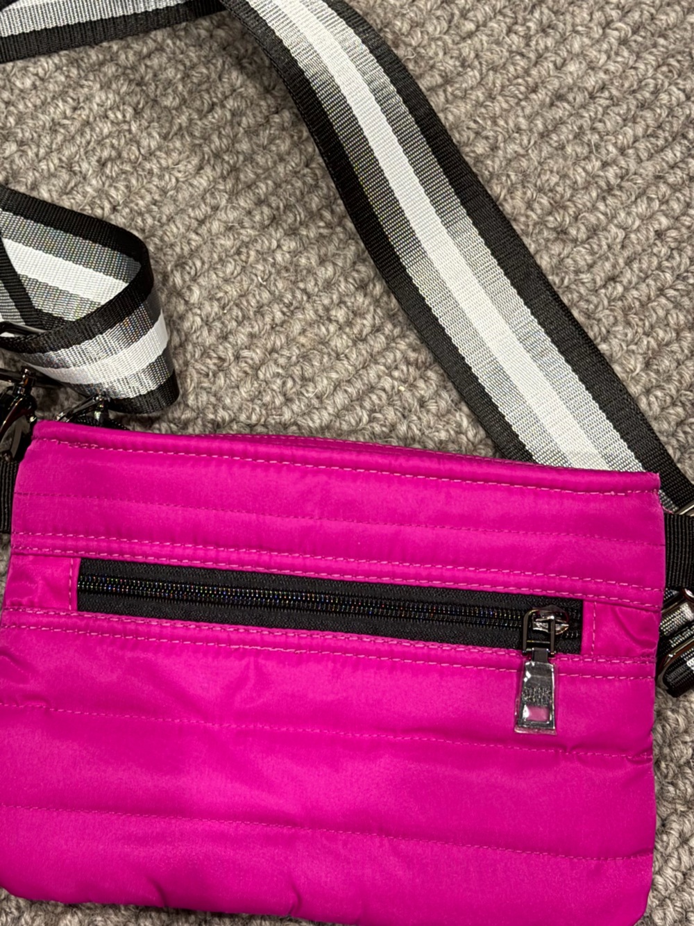 THINK ROYLN Hot Pink Quilted Crossbody with Black-and-White Striped Strap